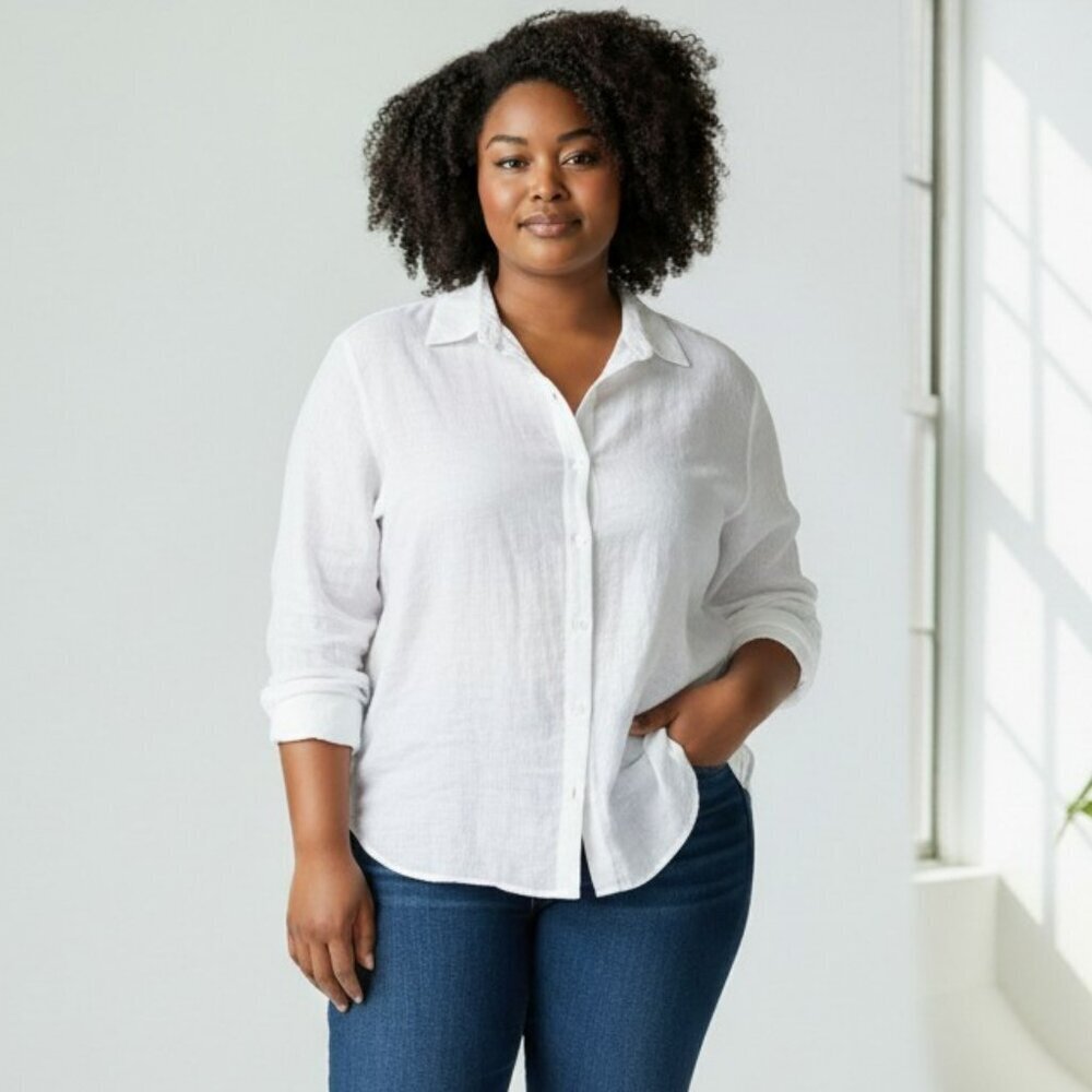 Allu Womens Size XL ? White Long Sleeve Linen Blend Button Up Collared Shirt Top